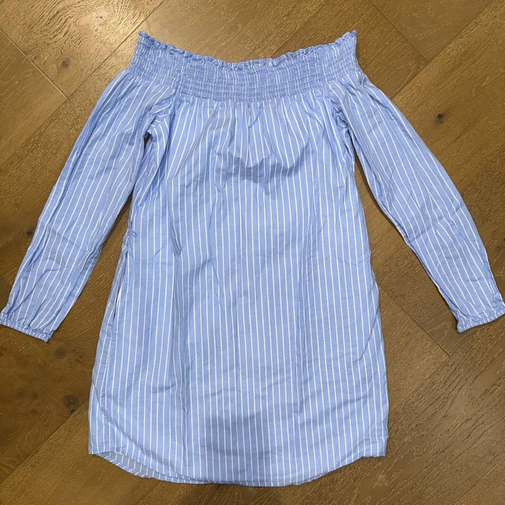 Express Women’s Linen Blend Light‎ Blue and White Striped Off-Shoulder Dress